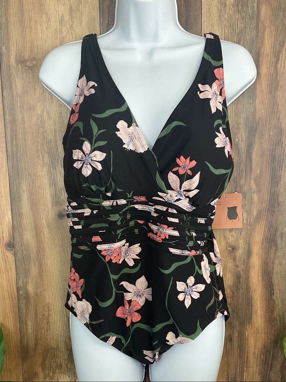 Shade & Shore Floral Black V-Neck Women's Swimsuit 16 NWT